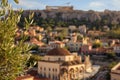 Athens, Greece. Olive tree on Acropolis and Monastiraki abstract background