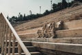 Panathenaic stadium Athens Greece. View of the Royal boxes seats from 1908 located on the Middle West side of the stadium. Royalty Free Stock Photo