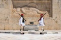 Athens, Greece - 27.04.2019: Presidential guards perform a ceremonial change of guard in front of the Tomb of the Unknown soldier Royalty Free Stock Photo