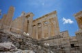 Athens, Greece. Propylaea in the Acropolis, monumental gate, blue sky, spring sunny day