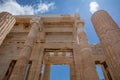 Athens, Greece. Propylaea in the Acropolis, monumental gate roof, blue cloudy sky