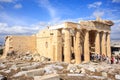 ATHENS, GREECE, SEPTEMBER 24 2017:The beautiful columns and architecture of The Propylaea Temple at the entrance of Acropolis with