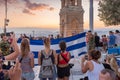 Military ceremony for the lowering of the Greek flag at sunset at Lycabettus Hill in Athens Royalty Free Stock Photo