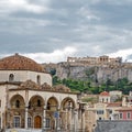 Athens Greece, tzistarakis mosque on monastiraki square under acropolis hill Royalty Free Stock Photo