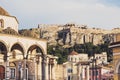 Athens, Greece. View of Acropolis and Plaka district from Monastiraki square. Popular travel destination in Europe.