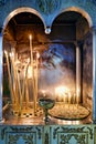 Athens Greece. Votive candles inside the orthodox church Ekklisia Panagia Grigorousa Agii Taxiarches ke Agios Fanourios