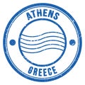 ATHENS - GREECE, words written on greek blue postal stamp Royalty Free Stock Photo