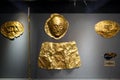 Golden funeral masks and other precious objects in the National Archaeological Museum in Athens, Greece