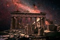 Athens at night, Greece. Fantasy view of Parthenon on Milky Way background. This old temple is top landmark of Athens. Beautiful