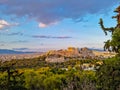 Athens - Panoramic view during sunset of the Parthenon of the Acropolis seen from Filopappou Hill, Athens, Greece Royalty Free Stock Photo