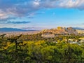 Athens - Panoramic view during sunset of the Parthenon of the Acropolis seen from Filopappou Hill, Athens, Greece Royalty Free Stock Photo