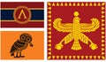 Athens and Sparta flags against Persian Empire flag. Ancient symbol Sparta, Athens polis