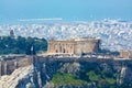 Athens in spring, view from hill, cityscape with Acropolis, streets and buildings, ancient urbal culture