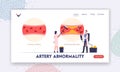 Atherosclerosis Infographic with Normal and Diseased Blood Vessel Landing Page Template. Tiny Medics Cleaning Artery
