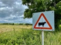 Pastoral scene with trees and fields, sheep and a tractor and Cow warning sign. Atherstone, UK. June 24, 2023.