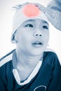 Athlete asian boy with trauma of the head. On white background.