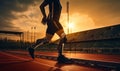 Athlete with disability on a track. Runing man with prothesis. Generative AI