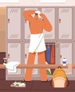 Athlete in dressing locker room. Person in towel after shower in cloakroom of sports club. Man in public gyms wardrobe