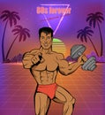 Athlete with dumbbells on banner. Fitness man on poster of 80s music festival in pop art style Royalty Free Stock Photo