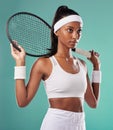 Athlete, energy and female tennis player with a racket practicing to play a sports match. Fit, active and professional