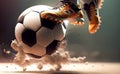 Athlete foot kicking soccer ball on a pitch, for Sport concept. Generative AI Royalty Free Stock Photo