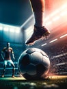 athlete foot kicking soccer ball on a pitch, for Sport concept.