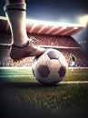 athlete foot kicking soccer ball on a pitch, for Sport concept. Generative AI Royalty Free Stock Photo