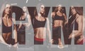 Athlete girl in sportswear working out and training her arms and shoulders with exercise machine in gym. Collage of photo.