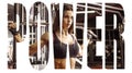 Athlete girl in sportswear working out and training her arms and shoulders with exercise machine in gym. Motivation sign.