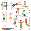 Athlete on horizontal bar vector illustration workout of athletic characters training on crossbar set of sportive people