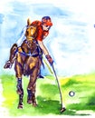 Athlete on horseback playing polo in the sunny summer day