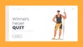 Athlete Male Character Posing in Uniform with Javelin in Hand Landing Page Template. Muscular Sportsman Spear Thrower
