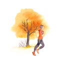 Athlete man in autumn park watercolor illustration. Sporty male jogger running in countryside area. Sportsman in orange