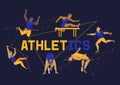 Athlete man banner, poster, brochure vector illustration. Exercising male in different poses. Man figures are training