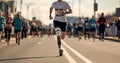 Athlete man with prosthetic leg participates in a marathon. Disabled athlete man with artificial leg. Generative AI