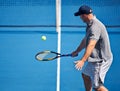 Athlete, man and tennis on court with serve, competition and performance outdoor with fitness and energy. Sport, player Royalty Free Stock Photo