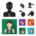 Athlete with a medal, a haircut with an electric typewriter and other web icon in black,flat style. Women haircut, hair