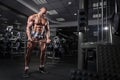 Athlete muscular bodybuilder training arms on simulator in the gym Royalty Free Stock Photo