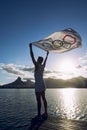 Athlete with Olympic Flag Lagoa Sunset Rio de Janeiro Brazil