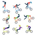 Athlete performs bike stunts. 9 high quality bmx cyclist silhouettes. Royalty Free Stock Photo