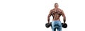 The athlete performs an exercise with dumbbells on a white background. Back view. Shrugs. Fitness, bodybuilding, powerlifting