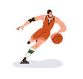 Athlete playing basketball, running, dribbling orange ball with hand. Happy man player rushing at sport game. Active Royalty Free Stock Photo