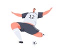 Athlete playing football, hitting ball. Abstract soccer player making strong kick with foot with running start. Colored