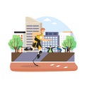 Athlete with prosthetic legs running marathon, flat vector illustration.