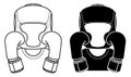 Athlete in protective boxing helmet covers face from being hit by fists with gloves. Protective equipment of taekwondo, karate