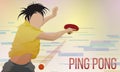 An athlete with a racket and a ball plays ping pong. Abstract background.