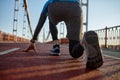 Athlete runner feet running on treadmill closeup on shoe Royalty Free Stock Photo