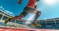 Athlete runner feet running on a treadmill in a stadium. Close-up of a man running a sprint for a short distance. Generative AI