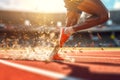 Athlete runner feet running on a treadmill in a stadium. Close-up of a man running a sprint for a short distance. Generative AI