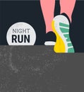 Athlete runner feet running or walking on road . running poster template. closeup illustration vector. nigth run Royalty Free Stock Photo
